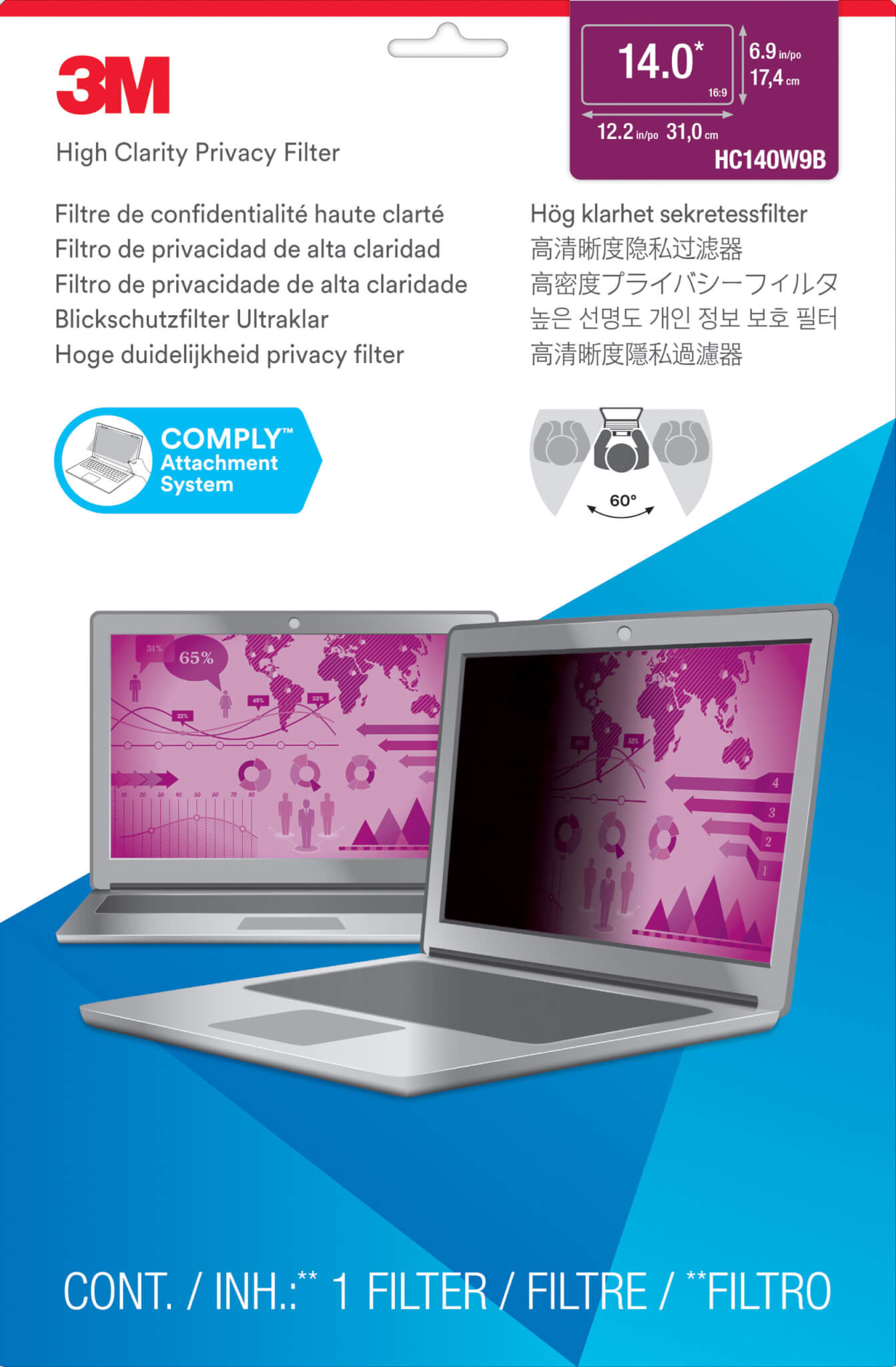 מגן פרטיות למחשב נייד עם חדות גבוהה 3M™ | HC140W9B | High Clarity Privacy Filter for 14