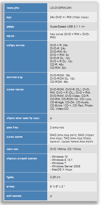 צורב 24 דיסקים DVDRW נייד חיבור USB3.0 מהיר Kanguru U3-DVDRW-24x DVD +- RW