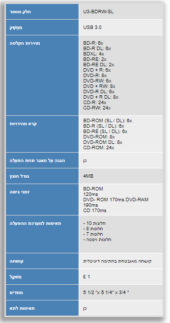 צורב 24 דיסקים נייד חיבור USB3.0 מהיר Kanguru U3-BDRW-SL QS Slim BD-RE