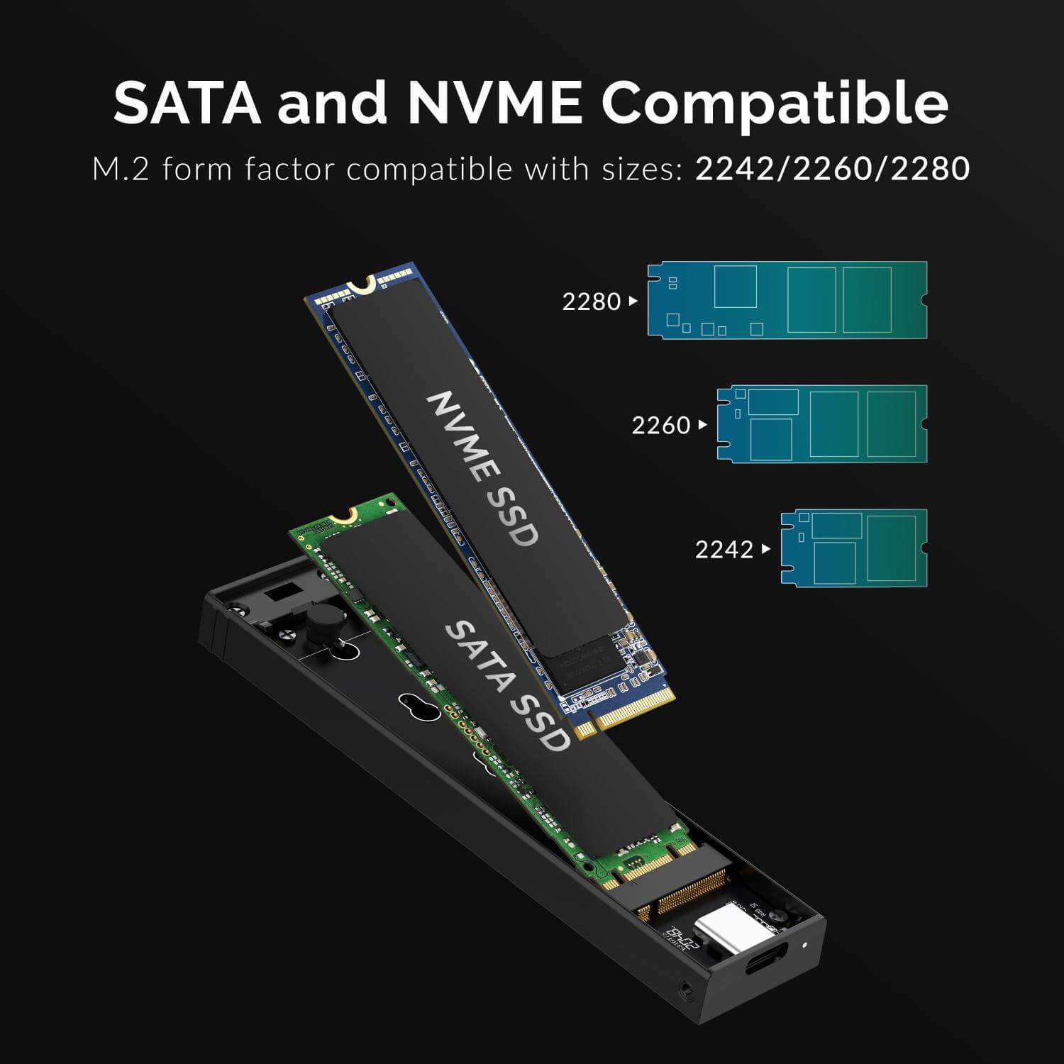 מארז USB-Type-C מסוג Type-C מסוג C.2 עבור M.2 PCIe NVMe ו- SATA SSD במהירויות גבוהות Sabrent EC-SNVE (5)