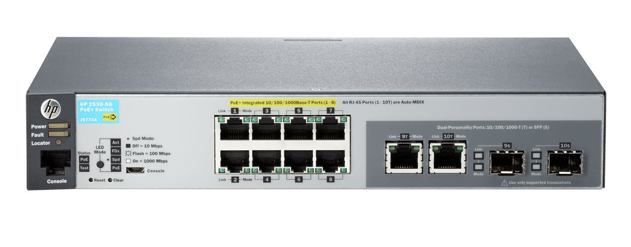 מתג POE מ-2530 כולל 8 פורטים גיגה + 2 אופטי + 2 נחושת HPE J9774A HP 2530-8G-PoE+(67W),2GDP-SFP,L-2,FM,LT (1)
