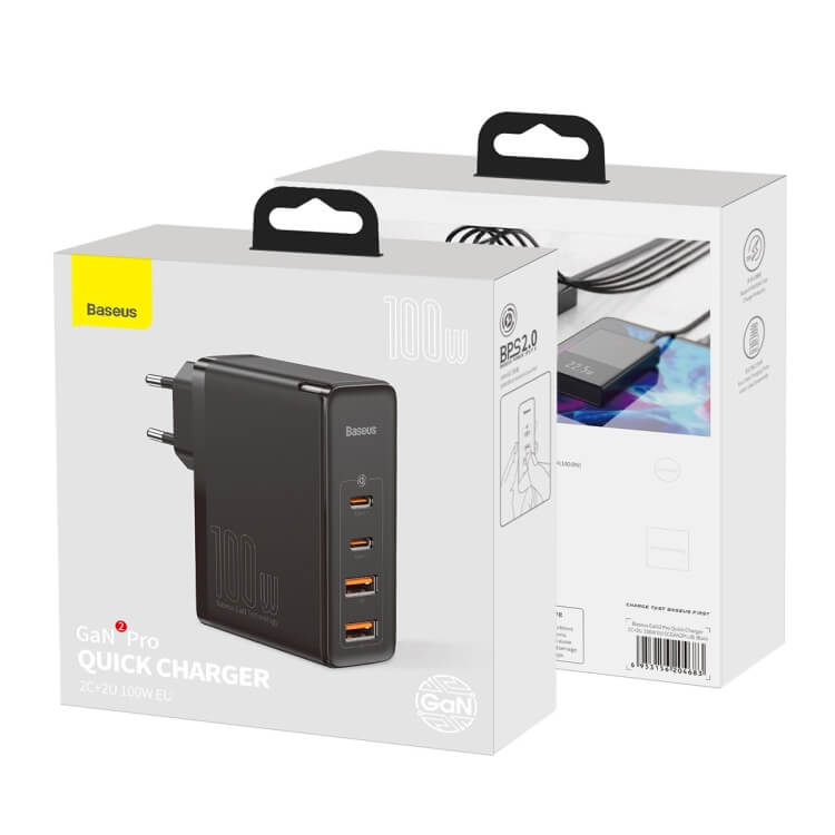 מטען קיר מהיר בהספק 100W בחיבור 2X-USB ו 2X-Type-C עם כבל Type-C תקע EU בצבע שחור Baseus CCGAN2P-L01 (3)
