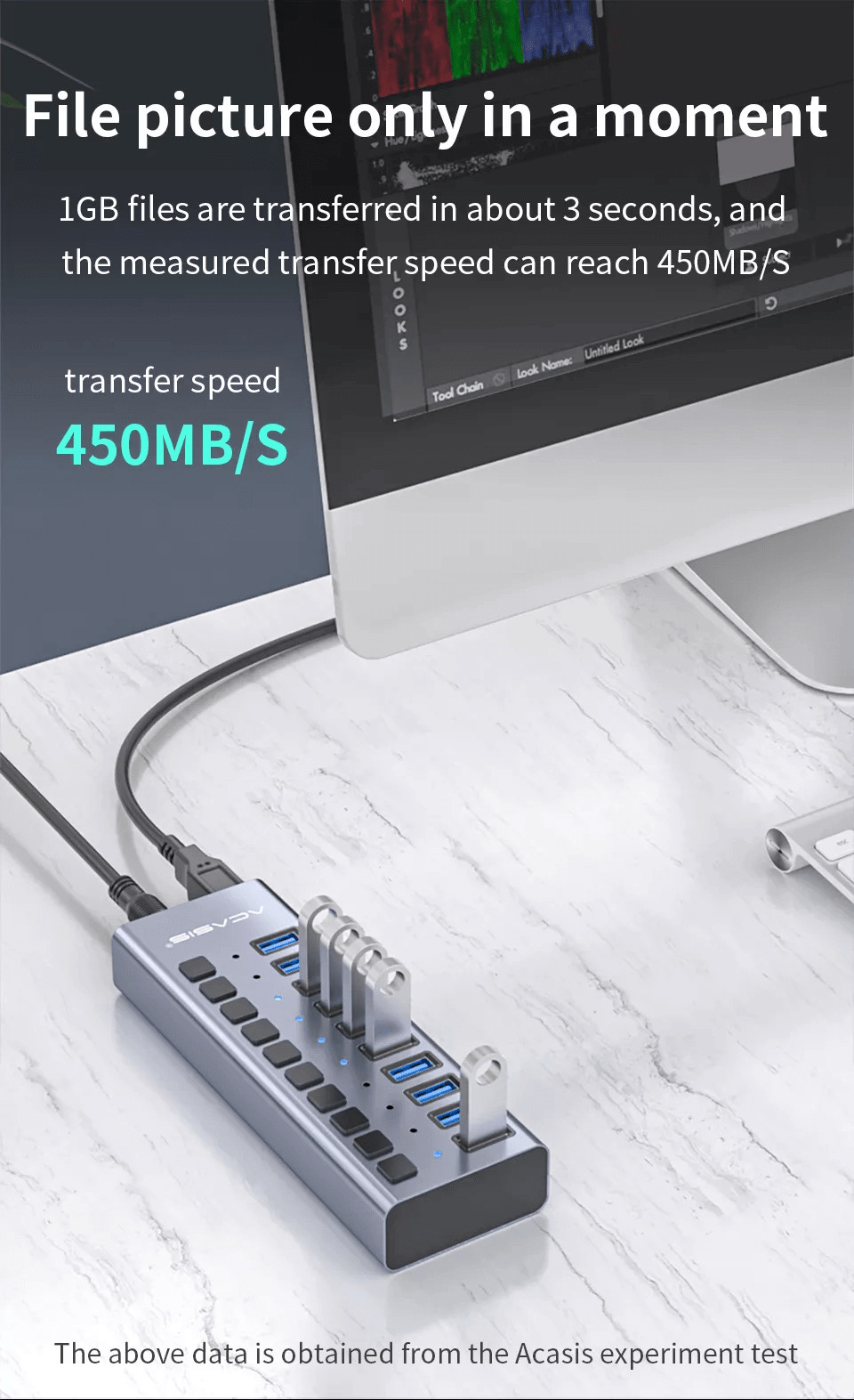 מפצל USB 10-Port חיבור USB3.0 מהירות 5Gbps עם ספק כח ACASIS HS-710MG Hub Splitter