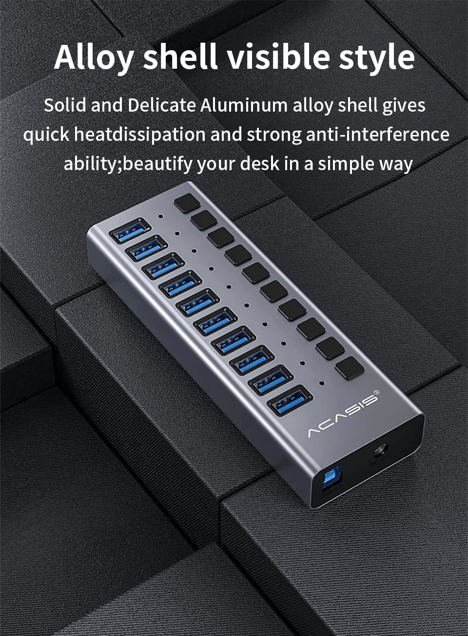 מפצל USB 10-Port חיבור USB3.0 מהירות 5Gbps עם ספק כח ACASIS HS-710MG Hub Splitter