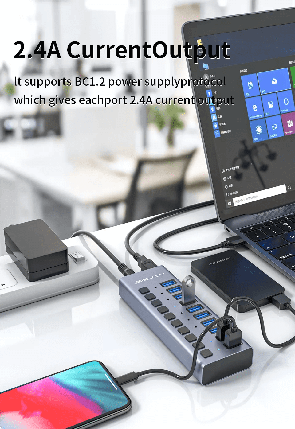 מפצל USB 10-Port חיבור USB3.0 מהירות 5Gbps עם ספק כח ACASIS HS-710MG Hub Splitter