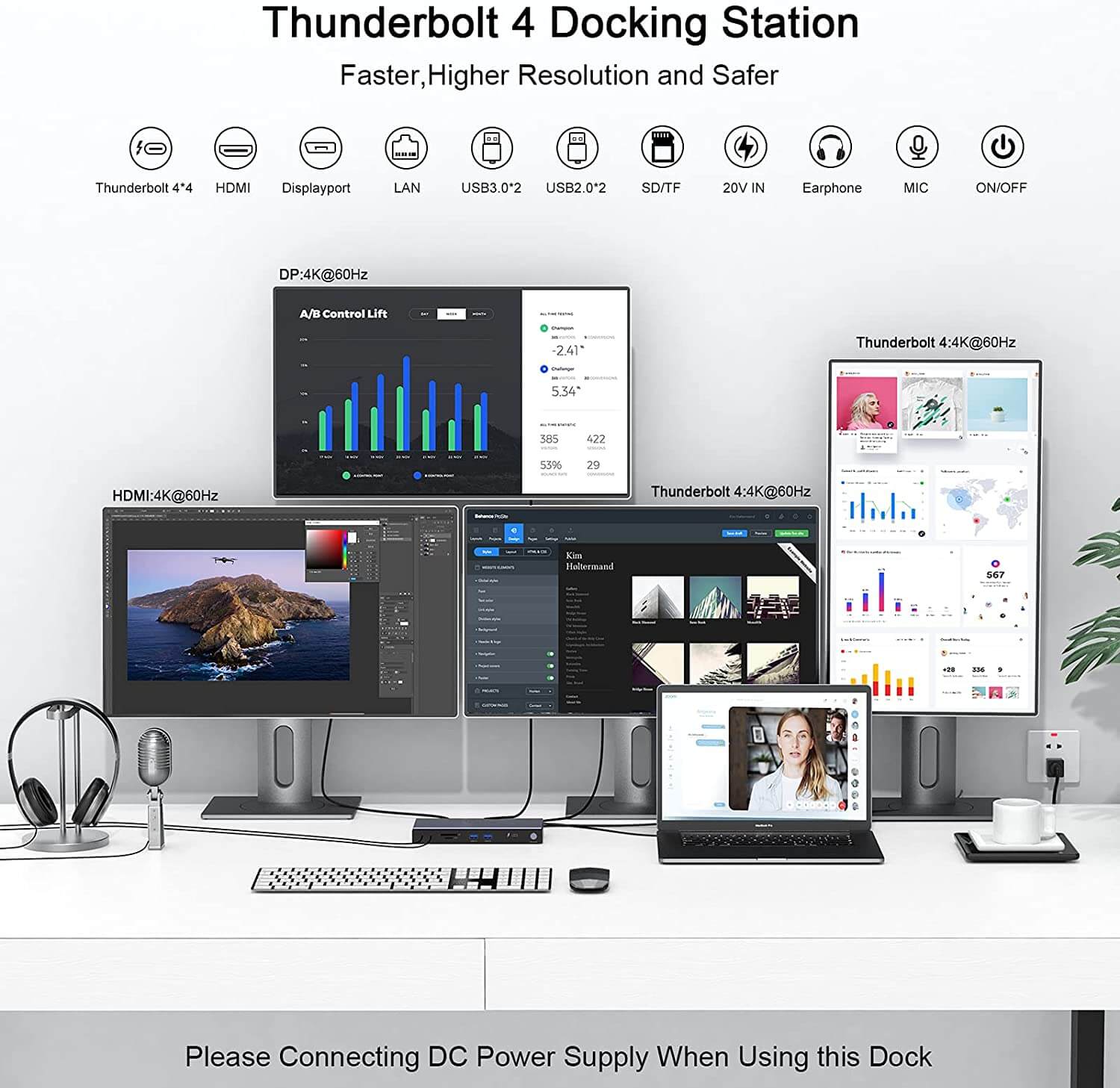 תחנת עגינה Thunderbolt 4 חיבור Type-C עם 16 חיבורים ברזולוציה 4K תואמת Windows ו-Mac OS בצבע אפור QGeeM (1)