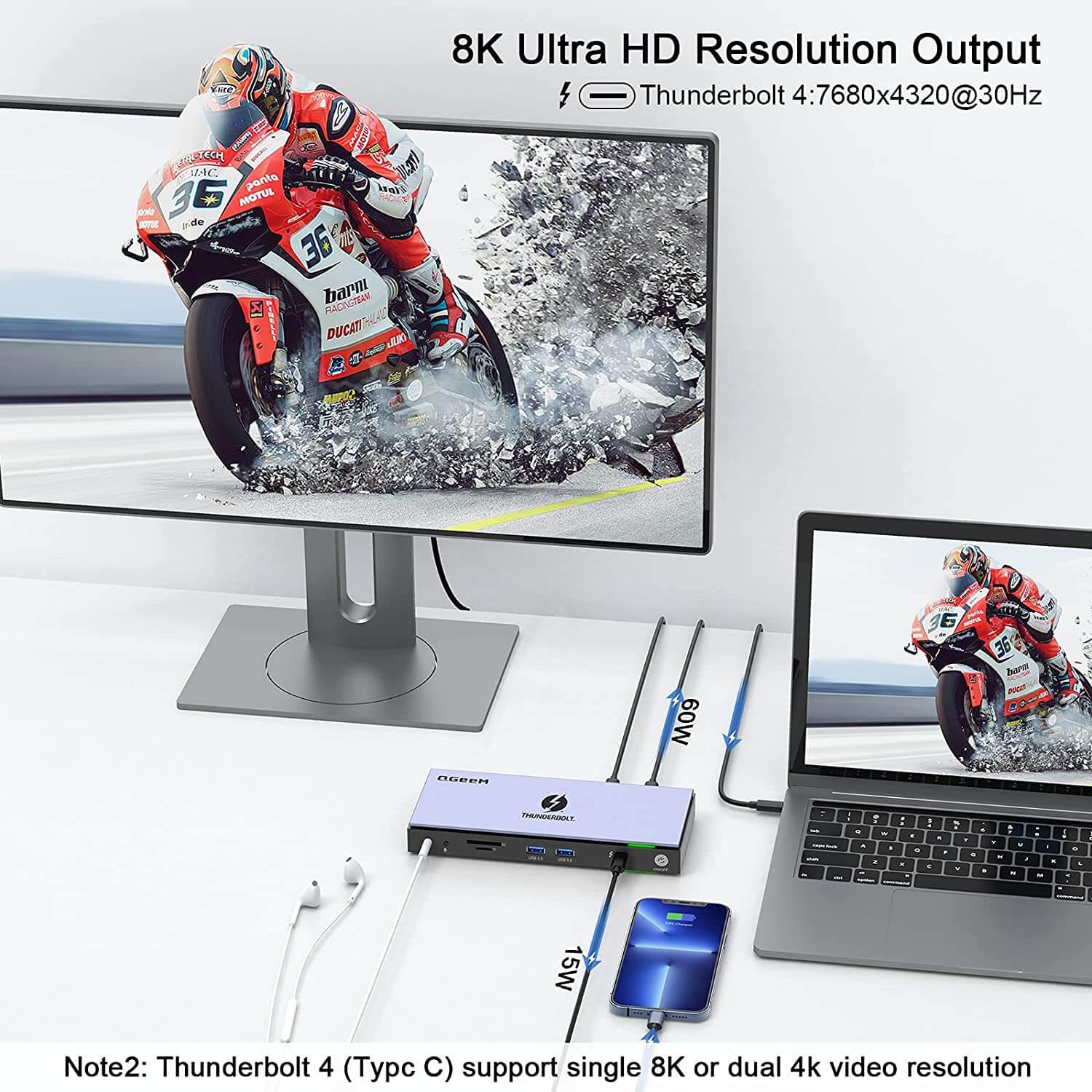 תחנת עגינה Thunderbolt 4 חיבור Type-C עם 16 חיבורים ברזולוציה 4K תואמת Windows ו-Mac OS בצבע אפור QGeeM (3)