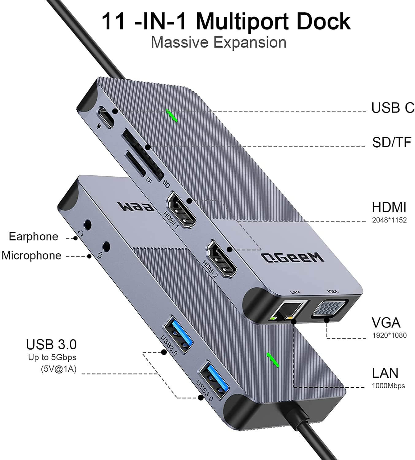 תחנת עגינה Thunderbolt 4 חיבור USB עם 13 חיבורים ברזולוציה 4K תואמת Windows ו-Mac OS בצבע אפור QGeeM (3)