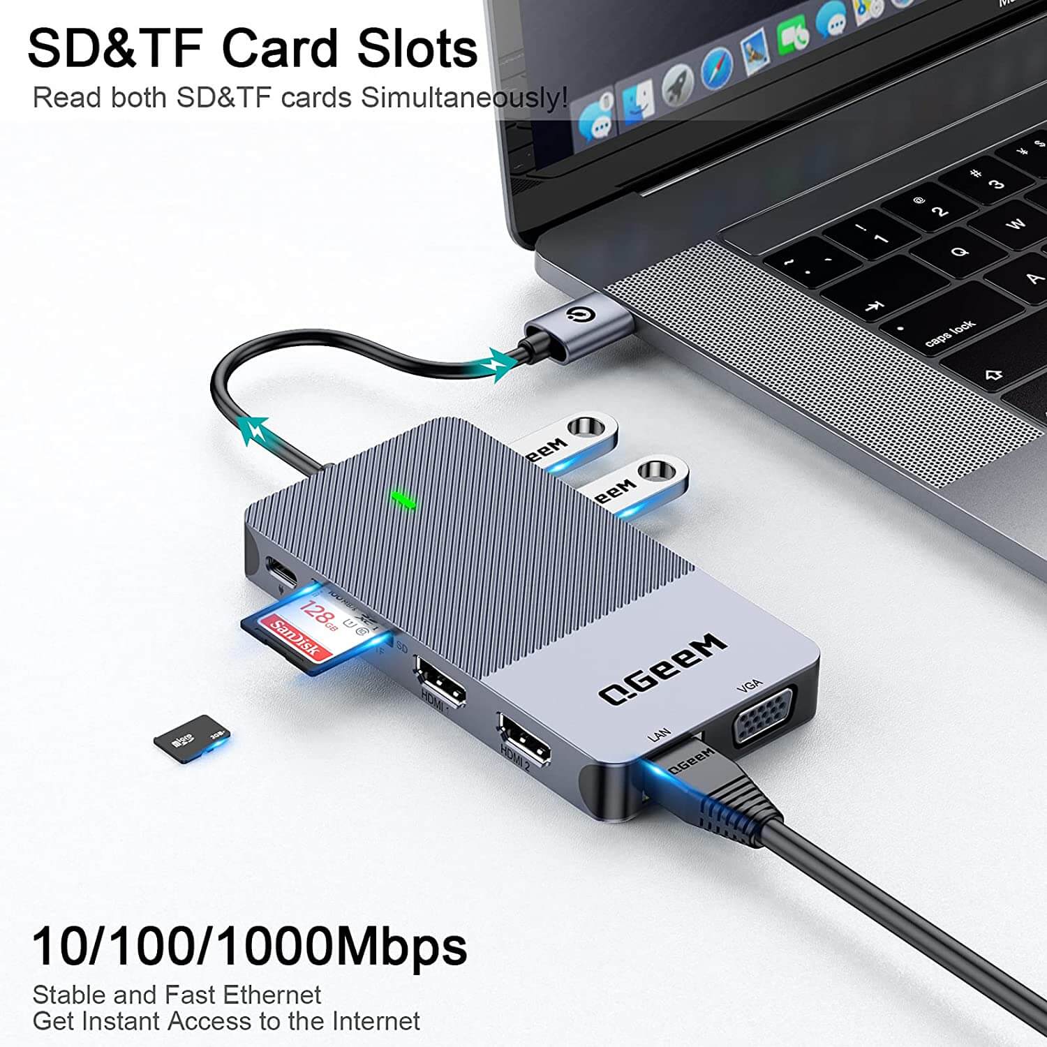 תחנת עגינה Thunderbolt 4 חיבור USB עם 13 חיבורים ברזולוציה 4K תואמת Windows ו-Mac OS בצבע אפור QGeeM (4)