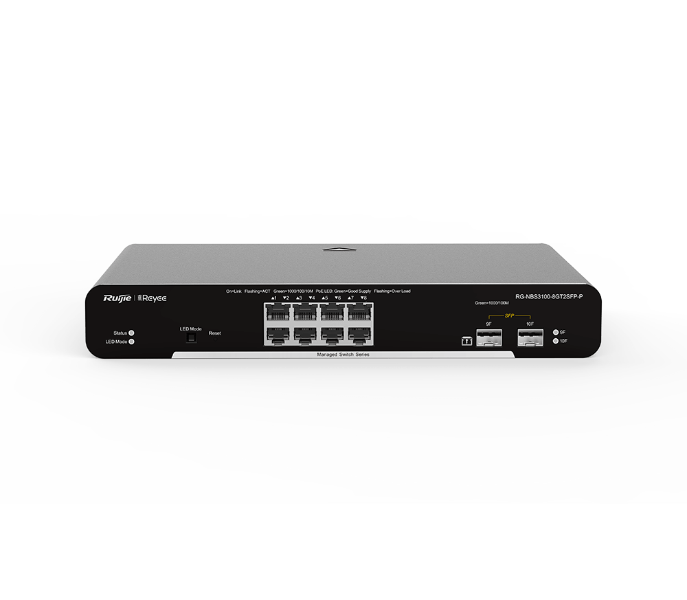 מתג 8 יציאות PoE הספק 125W מנוהל Ruijie Networks | RG-NB3100-8GT2SFP-P | 2SFP Manage Switch