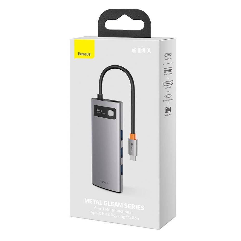 תחנת עגינה בסוס 6 חיבורים מתכתית טעינה עד 100W חיבור Baseus | CAHUB-CW0G | Metal Gleam 6in1 multifunctional HUB USB-C