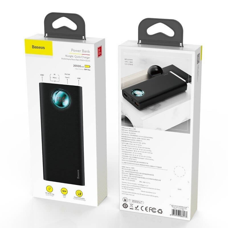 מטען נייד תצוגה דיגיטלית בצבע שחור Baseus PPALL-LG01 Amblight 20000MAH PD3.0 QC3.0 USB Type-C 18W 