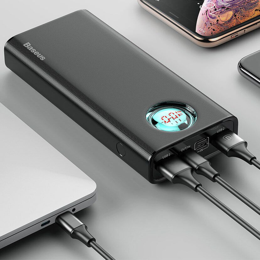 מטען נייד תצוגה דיגיטלית בצבע שחור Baseus PPALL-LG01 Amblight 20000MAH PD3.0 QC3.0 USB Type-C 18W 