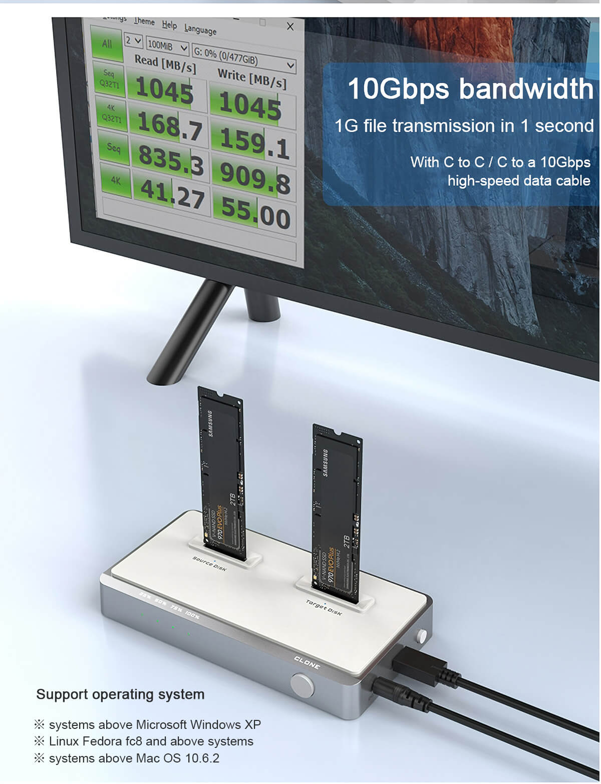 משכפל דיסקים NVMe חיבור USB-C מהירות העתקה עד Rocketek ME922 1.2GBs
