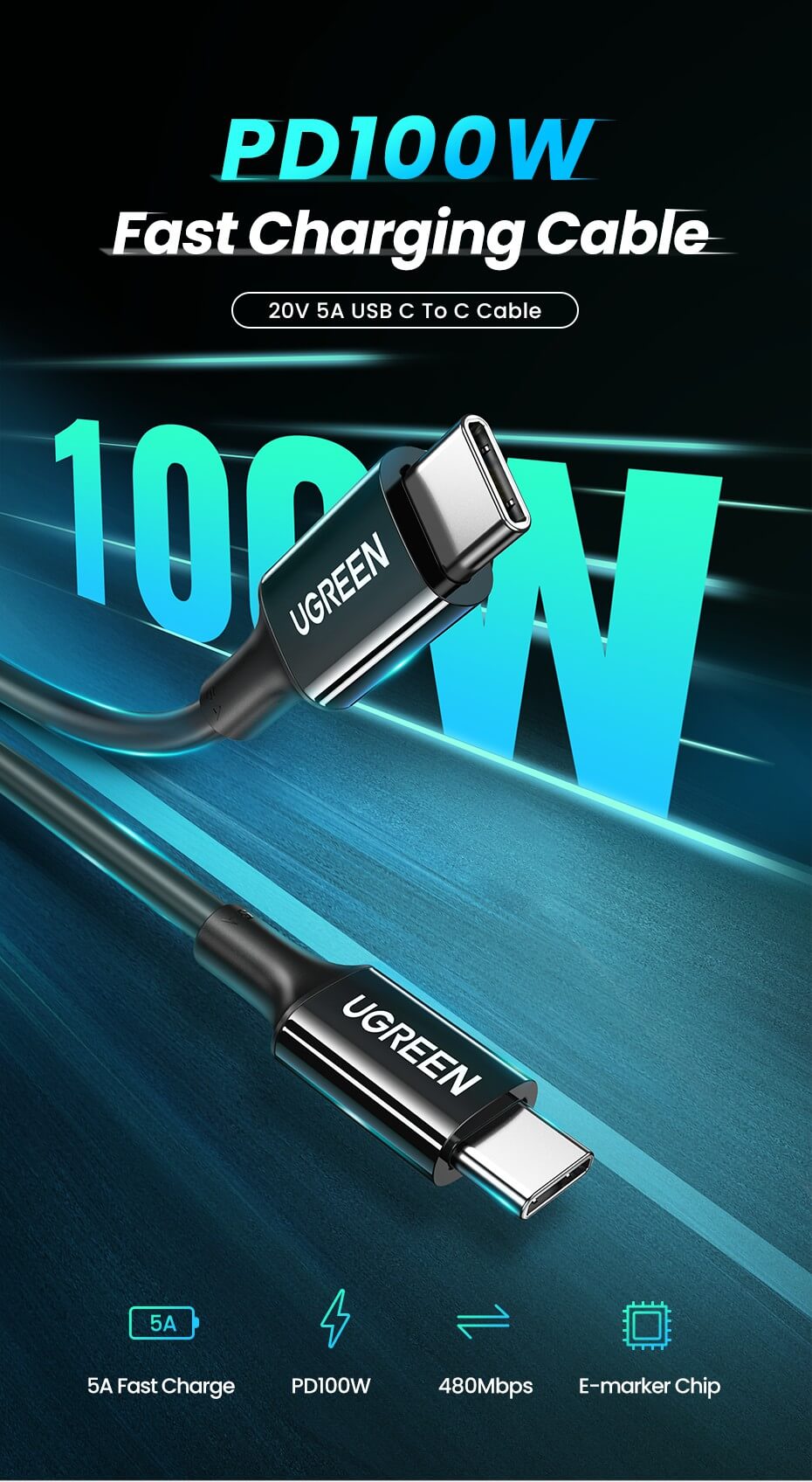 כבל טעינה מהירה Type-C ל PD הספק 100W אורך הכבל 2 מטר יוגרין UGREEN 80372