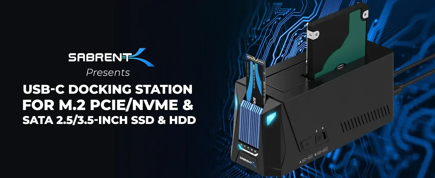 תחנת עגינה USB-C עבור M.2 PCIeNVMe ו-SATA 2.53.5 אינץ' SABRENT DS-UNHC SSD & HDD