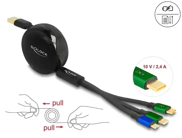 כבל טעינה ונתונים נמתח תקע USB-A לתקעים USB-C x 2 / Micro-B ז/ז DELOCK | 85359 | 4K