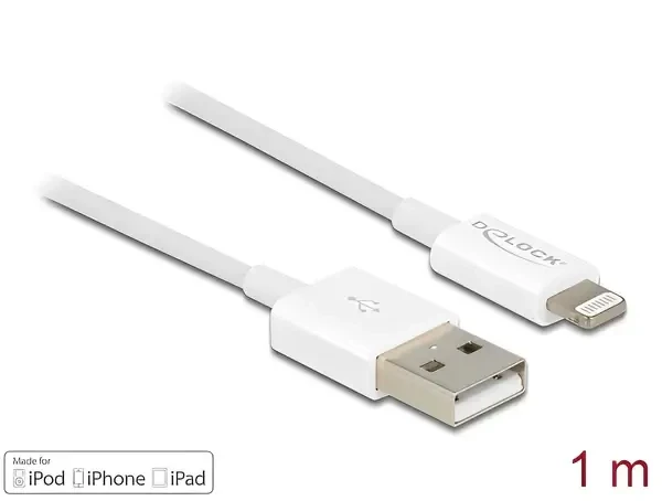 כבל טעינה ונתונים תקע USB-A לתקע Lightning MFi צבע לבן ז/ז DELOCK | 83000