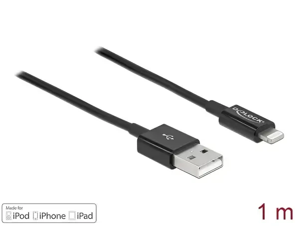 כבל טעינה ונתונים תקע USB-A לתקע Lightning MFi צבע שחור ז/ז DELOCK | 83002