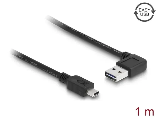 כבל מיני EASY-USB 2.0 תקע Mini-B לתקע USB-A דו כיווני בזווית 90° ז/ז DELOCK | 83378 | 4K