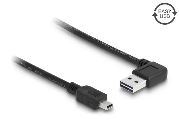 כבל מיני EASY-USB 2.0 תקע Mini-B לתקע USB-A דו כיווני בזווית 90° ז/ז DELOCK | 83378 | 4K