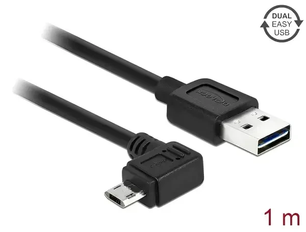 כבל מיקרו EASY-USB 2.0 תקע Micro-B בזווית צד 90° לתקע USB-A עם מחברים דו כיווניים ז/ז DELOCK | 83846 | 4K