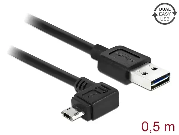 כבל מיקרו EASY-USB 2.0 תקע Micro-B בזווית צד 90° לתקע USB-A עם מחברים דו כיווניים ז/ז DELOCK | 83847 | 4K
