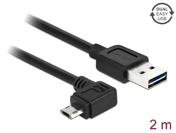 כבל מיקרו EASY-USB 2.0 תקע Micro-B בזווית צד 90° לתקע USB-A עם מחברים דו כיווניים ז/ז DELOCK | 83853 | 4K