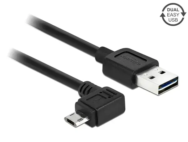כבל מיקרו EASY-USB 2.0 תקע Micro-B בזווית צד 90° לתקע USB-A עם מחברים דו כיווניים ז/ז DELOCK | 83854 | 4K