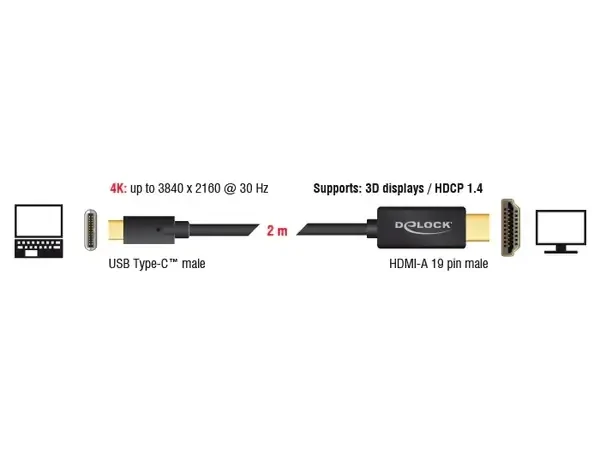 כבל תצוגה USB-C לחיבור מסך HDMI ז/ז תומך 30 הרץ ז/ז DELOCK | 85258 | 4K