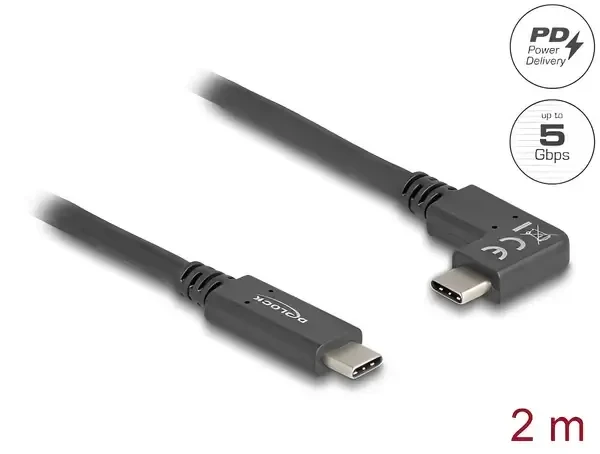כבל תצוגה ונתונים USB-C 5Gbps HDR צד אחד בזווית 90° תומך PD 60W ז/ז DELOCK | 80038 | 4K