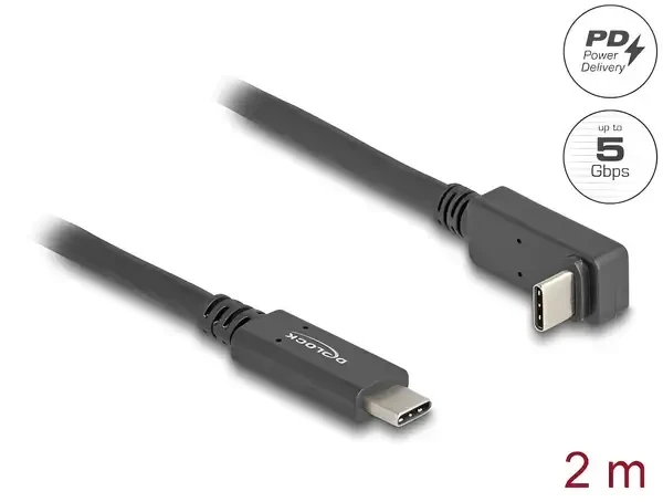 כבל תצוגה ונתונים USB-C 5Gbps HDR צד אחד מכופף 90° תומך PD 60W ז/ז DELOCK | 80035 | 4K