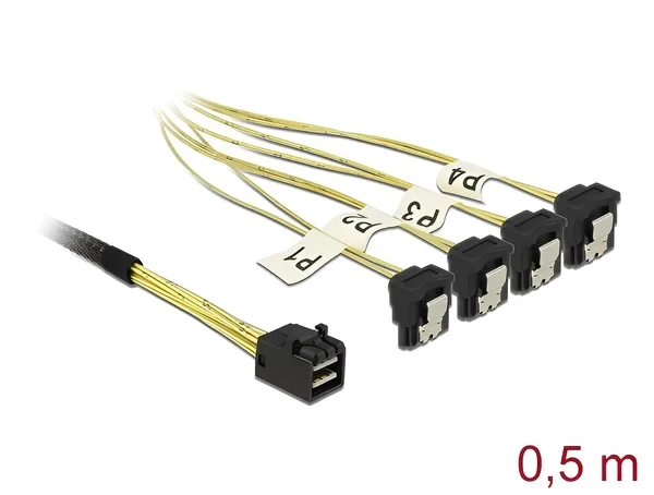 כבל Mini SAS HD SFF-8643 ל- SATA 7 pin x 4 בזווית 90° ז/ז DELOCK | 85684 | 4K