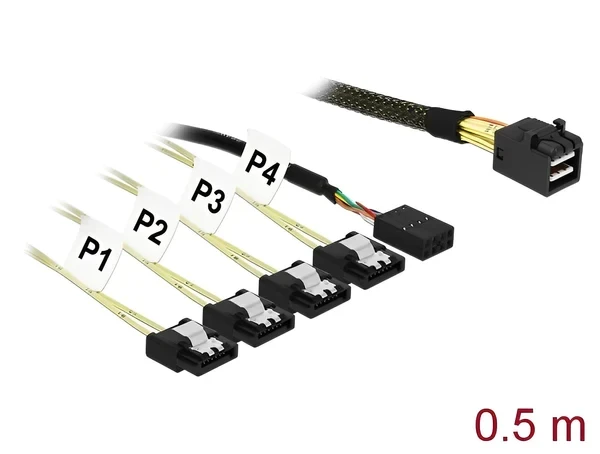 כבל Mini SAS HD SFF-8643 ל-Sideband + SATA 7 pin x 4 ז/נ DELOCK | 83315 | 4K