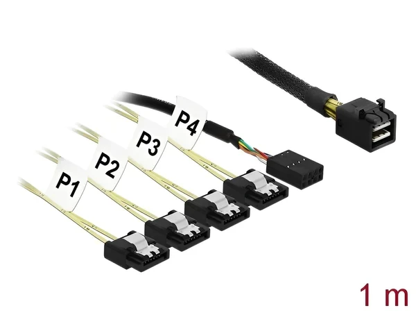 כבל Mini SAS SFF-8087 ל- SATA 7 pin x 4 בזווית 90° + Sideband ז/נ DELOCK | 83322 | 4K