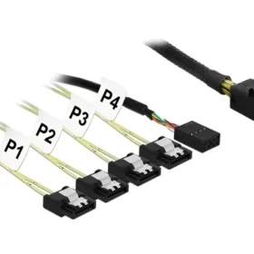 כבל Mini SAS SFF-8087 ל- SATA 7 pin x 4 בזווית 90° + Sideband ז/נ DELOCK | 83322 | 4K