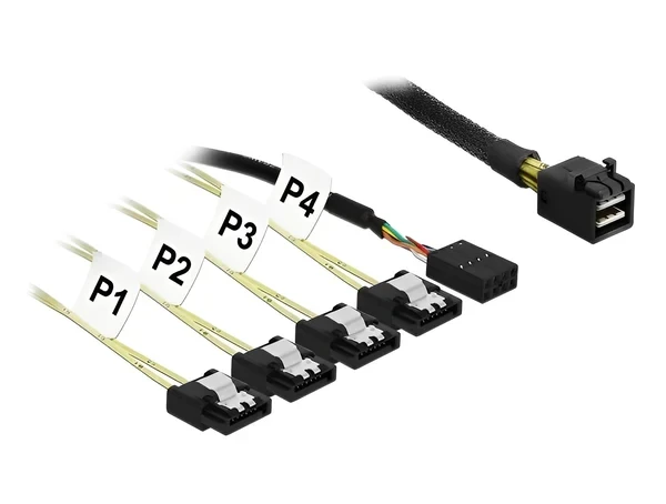 כבל Mini SAS SFF-8087 ל- SATA 7 pin x 4 בזווית 90° + Sideband ז/נ DELOCK | 83322 | 4K
