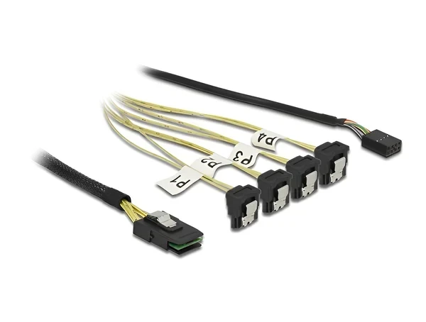 כבל Mini SAS SFF-8087 ל- SATA 7 pin x 4 בזווית 90° + Sideband זנ DELOCK 85683 4K