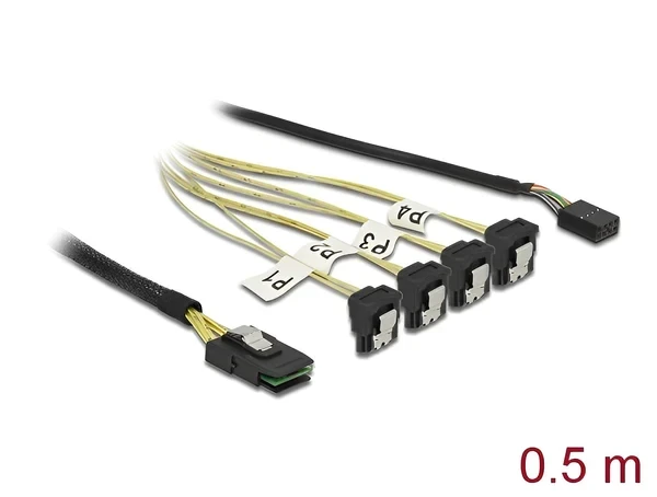כבל Mini SAS SFF-8087 ל- SATA 7 pin x 4 בזווית 90° + Sideband זנ DELOCK 85683 4K