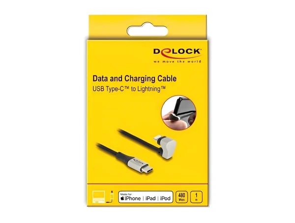 כבל iPhone גיימינג תקע USB-C 2.0 לתקע Lightning MFi בזווית 180° תומך PD 9V / 3A ז/ז DELOCK | 80026
