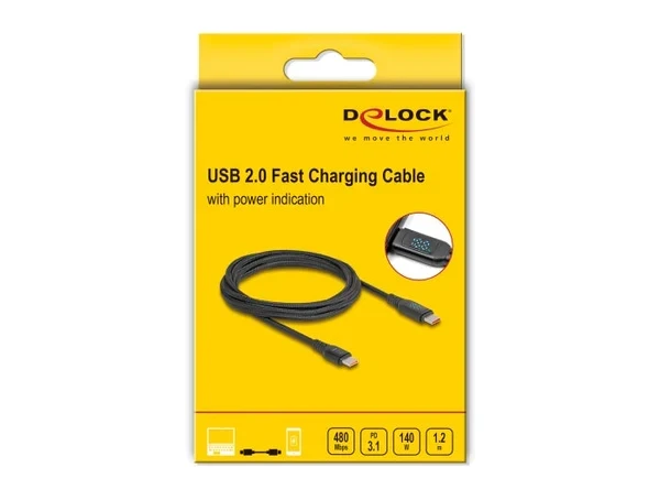 כבל טעינה מהירה עם צג USB-C 2.0 תומך PD 3.1 140 W ז/ז DELOCK | 88136