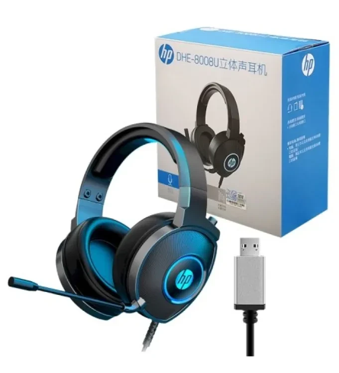אוזניות כולל מיקרופון נשלף HP עם תאורת RGB חיבור USB\AUX כחול-שחור HP | 8008U