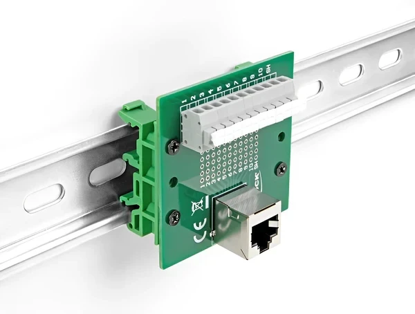 טרמינל בלוק DIN rail בחיבור לחיצה לשקע RJ50 בזווית 90° ללא צורך בהלחמה DELOCK 67013