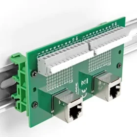 טרמינל בלוק DIN rail בחיבור לחיצה עם 2 יציאות RJ50 נקבה בזווית 90° כולל ברגים DELOCK | 67015