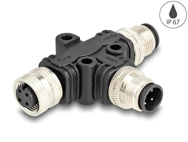 מפצל M12 T-Splitter IP67 תקע A-coded 4pin לשקע 4pin + תקע 4pin נ/נ DELOCK | 60580