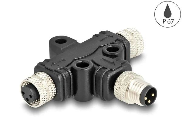 מפצל M8 T-Splitter IP67 תקע A-coded 3pin ל- 2 שקעים 3pin נ/נ DELOCK | 60575