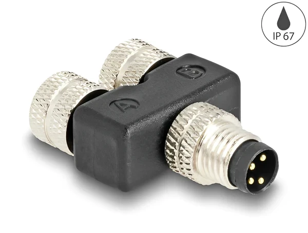 מפצל M8 Y-Splitter IP67 תקע A-coded 4pin ל- 2 שקעים 4pin נ/נ DELOCK | 60577