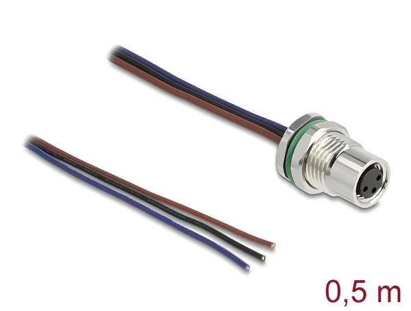 תקע M8 3 pin להתקנה בקדח עגול עם כבל 3 גידים אורך 0.5 מטר DELOCK | 80146