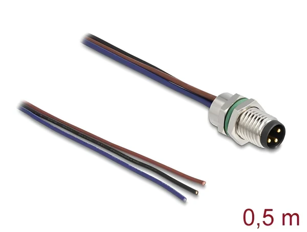 תקע M8 3 pin להתקנה בקדח עגול עם כבל 3 גידים אורך 0.5 מטר DELOCK | 80147