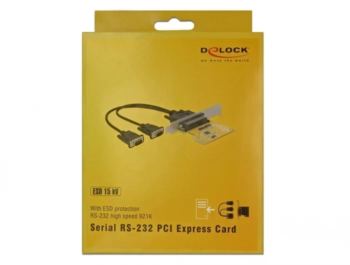 כרטיס PCIe x1 Serial RS-232 High Speed 921K ESD protection Low profile עם 2 יציאות DB9 צ'יפ Sunix שחור DELOCK | 62996